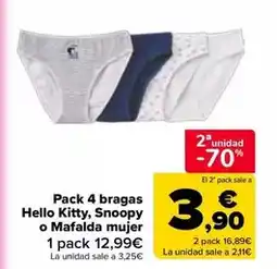 Carrefour Pack 4 bragas hello kitty snoopy o mafalda mujer oferta