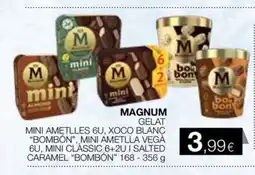 Plusfresc MAGNUM Gelat mini ametlles 6u, xoco blanc bombón mini ametlla vega 6u, mini classic 6+2ui salted caramel bombón oferta