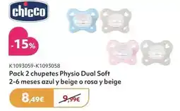 Prénatal Chicco - pack 2 chupetes physio dual soft 2-6 meses azul y beige oferta