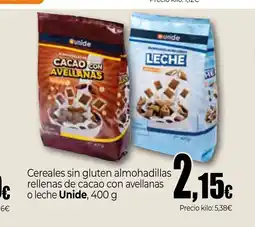 Unide Supermercados UNIDE Cereales sin gluten almohadillas rellenas de cacao con avellanas o leche oferta