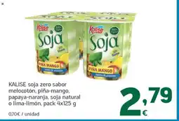 HiperDino KALISE soja zero sabor melocotón, piña-mango, papaya-naranja, soja natural o lima-limón oferta