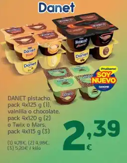 HiperDino DANET pistacho, vainilla o chocolate,o twix o mars oferta