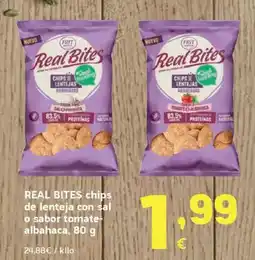HiperDino REAL BITES chips de lenteja con sal o sabor tomate- albahaca oferta
