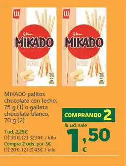 HiperDino MIKADO palitos chocolate con leche o galleta chocolate blanco oferta