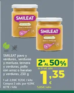 HiperDino SMILEAT pavo y verduras, verduras y merluza, ternera y verduras, pollo con arroz o bacalao y verduras oferta