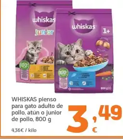 HiperDino WHISKAS pienso para gato adulto de pollo, atún o junior de pollo oferta