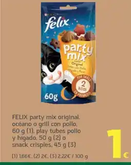 HiperDino FELIX party mix original, océano o grill con pollo, play tubes pollo y higado snack crispies oferta