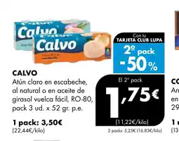 Supermercados Lupa CALVO Atún claro en escabeche, al natural o en aceite de girasol vuelca fácil, RO-80 oferta