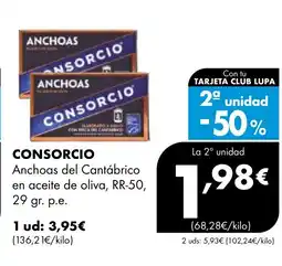 Supermercados Lupa CONSORCIO Anchoas del Cantábrico en aceite de oliva, RR-50 oferta