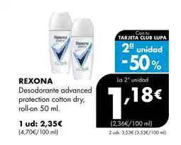 Supermercados Lupa REXONA Desodorante advanced protection cotton dry, roll-on oferta