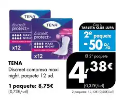 Supermercados Lupa TENA Discreet compresa maxi night, paquete oferta
