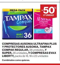 Supercor Compresas ausonia ultrafina plus y protectores ausonia, tampax compak regular oferta