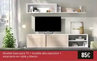 Mueble base para TV + mueble alto expositor + estantería en roble y blanco