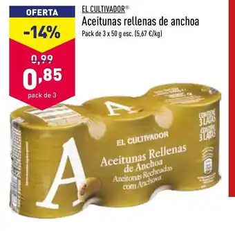 ALDI El Cultivador Aceitunas rellenas de anchoa 3 x 50g oferta