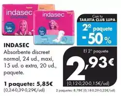 Supermercados Lupa Indasec - absorbente discreet normal, maxi o extra oferta