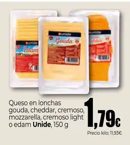 Unide Market UNIDE Queso en lonchas gouda, cheddar, cremoso, mozzarella, cremoso light o edam oferta