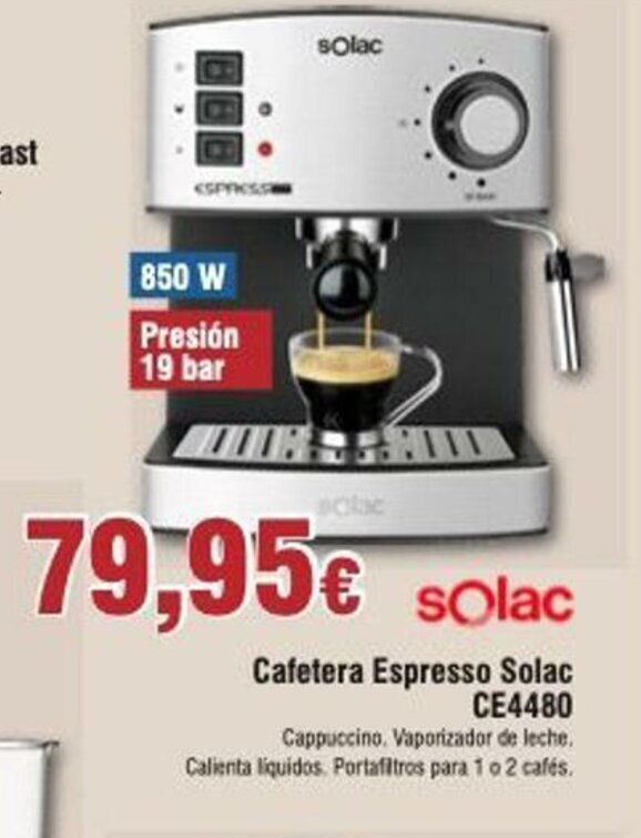 Solac CE4480 Espresso Cafetera 19 Bar Vaporizador 850