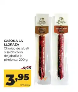 Alimerka CASONA LA LLORAZA Chorizo de jabalí o salchichón de jabalí a la pimienta oferta