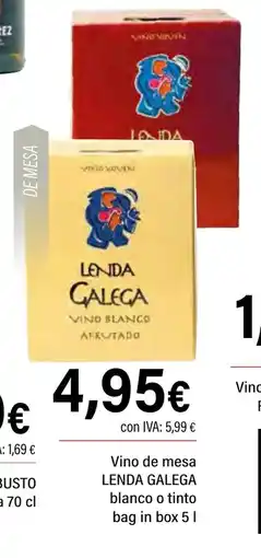Cash Ifa LENDA GALEGA Vino de mesa blanco o tinto bag in box oferta