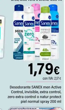 Cash Ifa SANEX Desodorante men Active Control, invisible, extra control, zero extra control o natur protect piel normal spray oferta