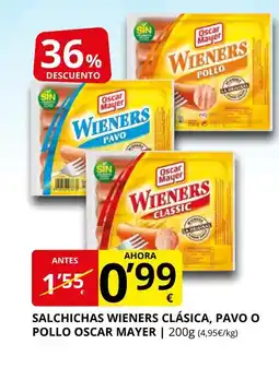 Supermercados MAS ORCAR MAYER Salchichas wieners clásica, pavo o pollo oferta
