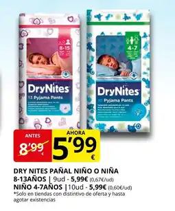 Supermercados MAS DRY NITES Pañal niño o niña 8-13años oferta
