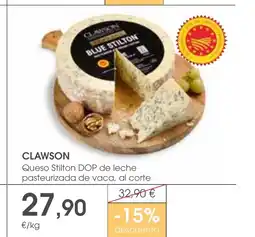 Supermercados Plaza CLAWSON Queso Stilton DOP de leche pasteurizada de vaca, al corte oferta