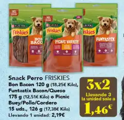 Gadis FRISKIES Snack Perro Bon Bacon Funtastix Bacon/Queso 175 g (12,51€ Kilo) o Picnic Buey/Pollo/Cordero oferta