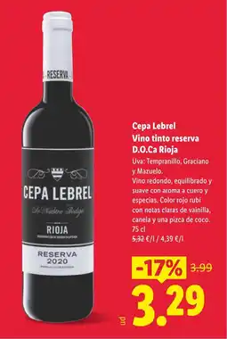 Lidl CEPA LEBREL Vino tinto reserva D.O.Ca Rioja oferta