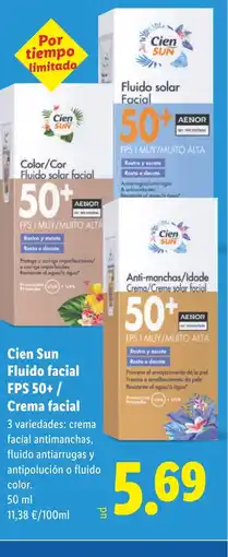 Lidl CIEN SUN Fluido facial FPS 50+ / Crema facial oferta