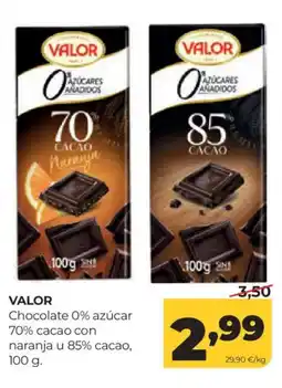 Alimerka VALOR Chocolate 0% azúcar 70% cacao con naranja u 85% cacao oferta