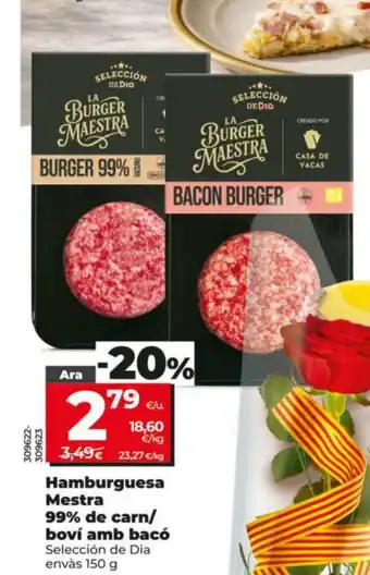 SELECCIÓN DE DIA Hamburguesa Mestra 99% de carn/ boví amb bacó