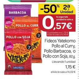 Supermercados El Jamón Fideos Yatekomo Pollo al Curry, Pollo Barbacoa, o Pollo con Soja oferta
