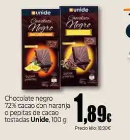 Unide Supermercados UNIDE Chocolate negro 72% cacao con naranja o pepitas de cacao tostadas oferta