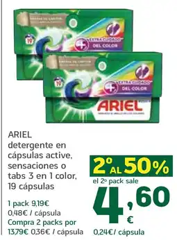 HiperDino ARIEL detergente en cápsulas active, sensaciones o tabs 3 en 1 color, 19 cápsulas oferta
