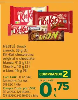HiperDino NESTLÉ Snack crunch Kit-Kat chocolatina original o chocolate blanco, Chunky, o Lion oferta