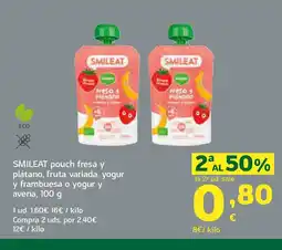 HiperDino SMILEAT pouch fresa y plátano, fruta variada, yogur y frambuesa o yogur y avena oferta