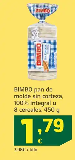 HiperDino BIMBO pan de molde sin corteza, 100% integral u 8 cereales oferta