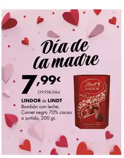 Supermercados Lupa LINDOR de LINDT Bombón con leche, Cornet negro 70% cacao o surtido oferta