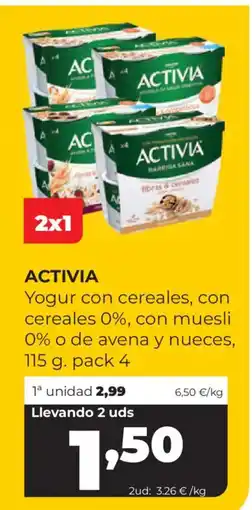 Alimerka ACTIVIA Yogur con cereales, con cereales 0%, con muesli 0% o de avena y nueces oferta