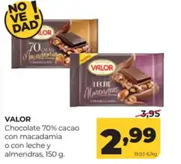 Alimerka VALOR Chocolate 70% cacao con macadamia o con leche y almendras oferta