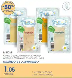 Supermercados Plaza MILKIMI Queso Gouda, Emmental, Cheddar naranja o Mozzarella en lonchas oferta