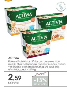 Supermercados Plaza ACTIVIA Fibras y Probióticos bífidus con cereales, con muesli, chia y almendras, avena y nueces, avena y manzana desnatado 0% oferta