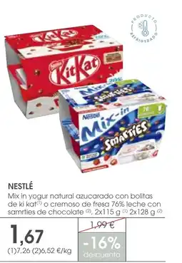 Supermercados Plaza NESTLÉ Mix in yogur natural azucarado con bolitas de ki kat o cremoso de fresa 76% leche con samrties de chocolate oferta