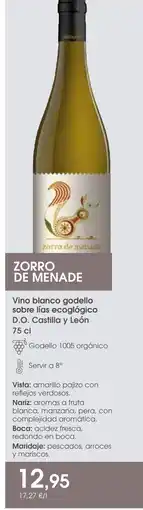 Supermercados Plaza ZORRO DE MENADE Vino blanco godello sobre lías ecoglógico D.O. Castilla y León oferta