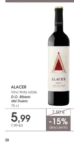 Supermercados Plaza ALACER Vino tinto roble D.O. Ribera del Duero oferta