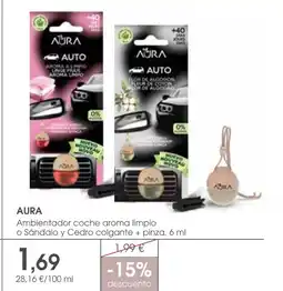 Supermercados Plaza AURA Ambientador coche aroma limpio o Sándalo y Cedro colgante + pinza oferta