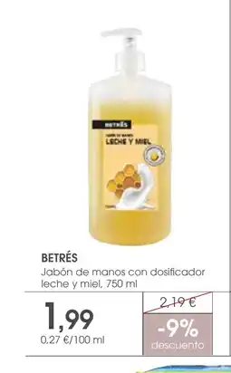 Supermercados Plaza BETRÉS Jabón de manos con dosificador leche y miel oferta