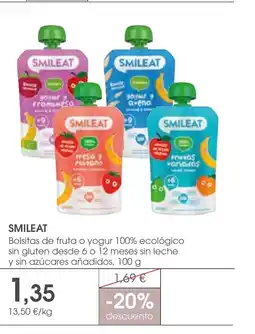Supermercados Plaza SMILEAT Bolsitas de fruta o yogur 100% ecológico sin gluten desde 6 o 12 meses sin leche y sin azúcares añadidos oferta