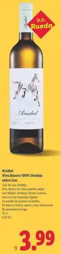 Lidl ARIABAL Vino blanco 100% Verdejo sobre Lías oferta